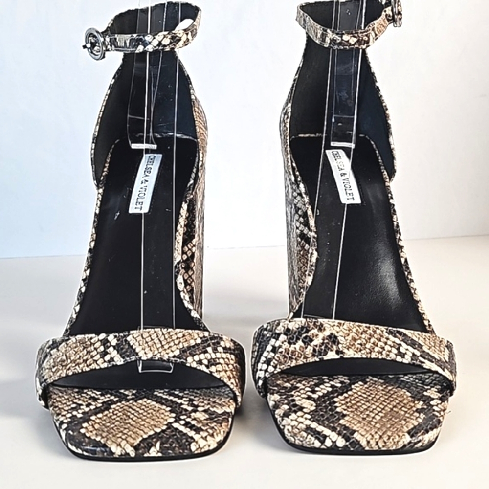 Chelsea & Violet Tara Leather Snake Print Block Heel Ankle Strap Sandal - Picture 6 of 16